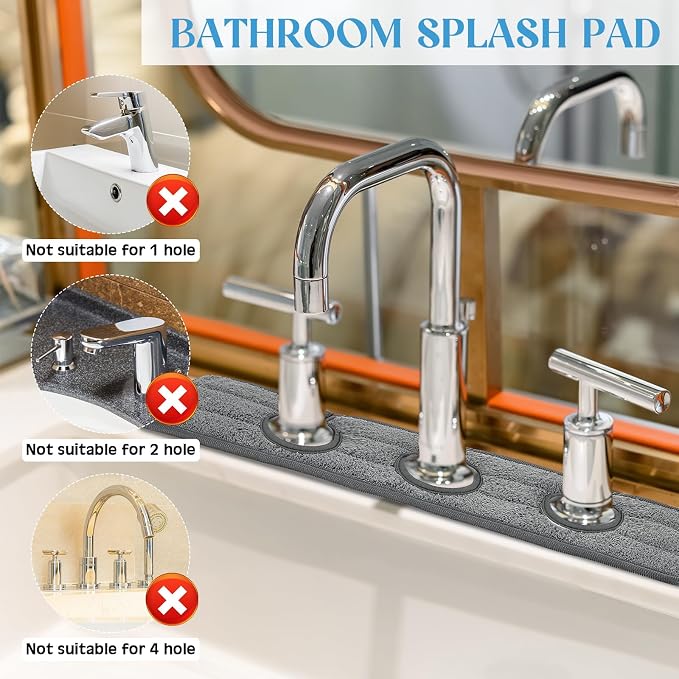 Teenyyou 2 Pcs Faucet Mat for Kitchen Sink Splash Guard for Kitchen Sink Faucet Dish Drying Mat for Bathroom Sponge Holder(Dark Gray,3 Round Holes) - Image 3