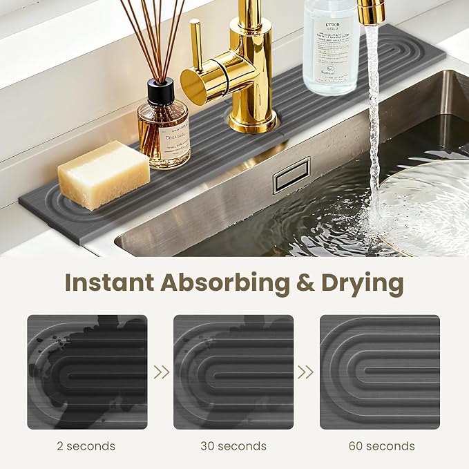 Diatomite Faucet Mat for Kitchen Sink, Quick-Dry Stone-Like Sink Mat, Flat Lay Absorbent Countertop Drying Mat for Faucet Area, Hard Diatomite Mat, Gray, 23.6 x 4 in - Image 5