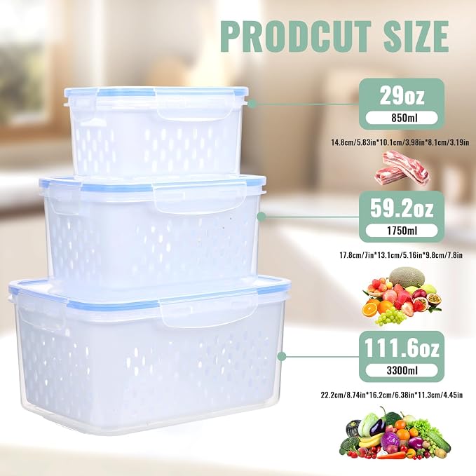 3 PCS Fruit Storage Containers for Fridge with Removable Colander | Berry Produce Storage Containers for Fridge with Strainer Lid Leakproof Containers Keep Fruits Vegetables Fresh - Image 3