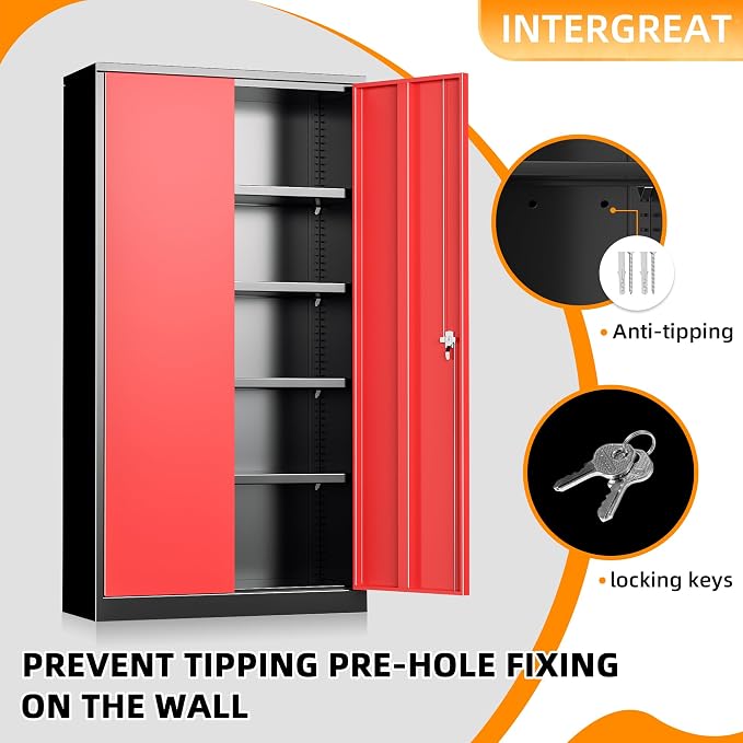 Metal Storage Cabinet with Doors, 72" Locking Steel Storage Cabinet with Shelves, Tall Metal Cabinet Lockable Steel Cabinets for Home Office, Garage,(Black+Red) - Image 5