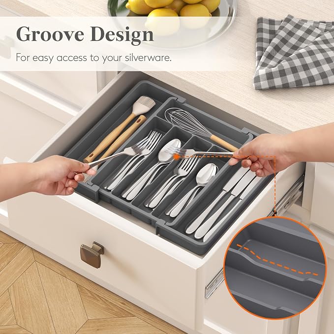 Lifewit Silverware Drawer Organizer, Expandable Utensil Tray for Kitchen, BPA Free Flatware and Cutlery Holder, Adjustable Plastic Storage for Spoons Forks Knives, 8.5-14 x 12", Dark Gray - Image 7