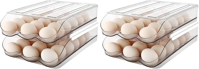 MesRosa Egg Holder for Fridge, Automatically Rolling Egg Storage Container for Refrigerator,Large Capacity Egg Organizer for Fridge with Lid,Clear Plastic Dispenser, Tray & Bin -2 Layer (Pack of 2) by MesRosa