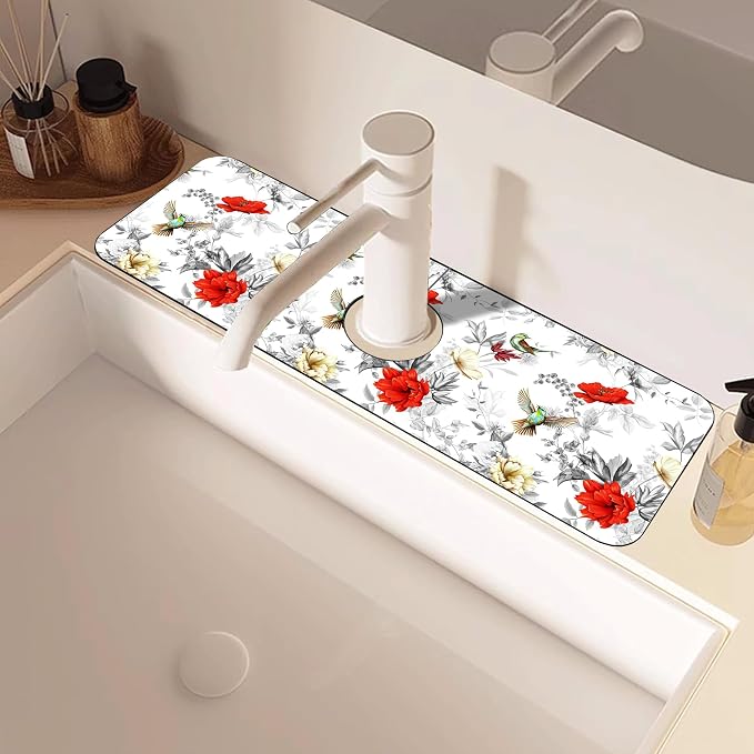 Faucet Mat for Kitchen Sink Poppy Flowers Watercolor Sink Splash Guard Behind Faucet Soft Diatom Mud Material Non-slip Easy to Clean for Bathroom & Kitchen 15"X5.5" - Image 5