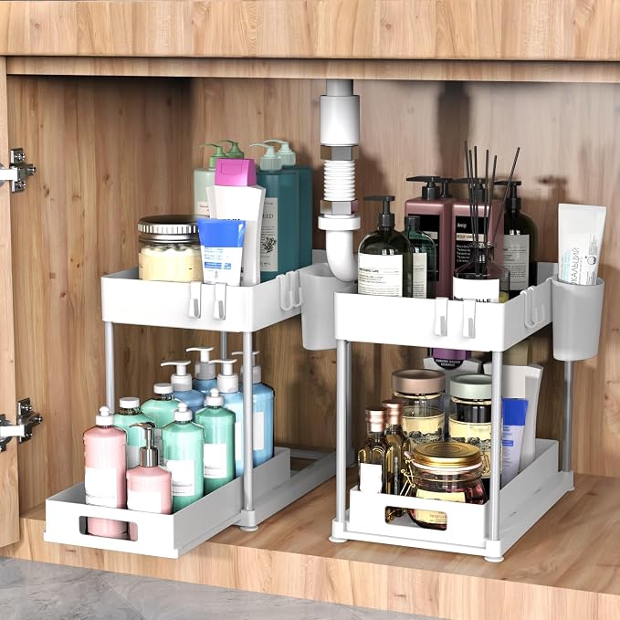 2 Pack Under Sink Organizer with Pull-Out Drawer, White | 2-Tier Cabinet Storage, Kitchen & Bathroom, Tool-Free Assembly, Fits Cleaning Supplies & Toiletries, Space Saving - Image 2