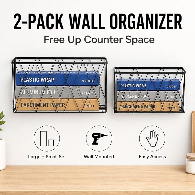 Foil and Plastic Wrap Organizer, 2 Pack Wall Rack for Kitchen Pantry | Metal, cabinet door use, self adhesive hooks, open wire basket, smooth black finish, two sizes, for bags and rolls - Image 3