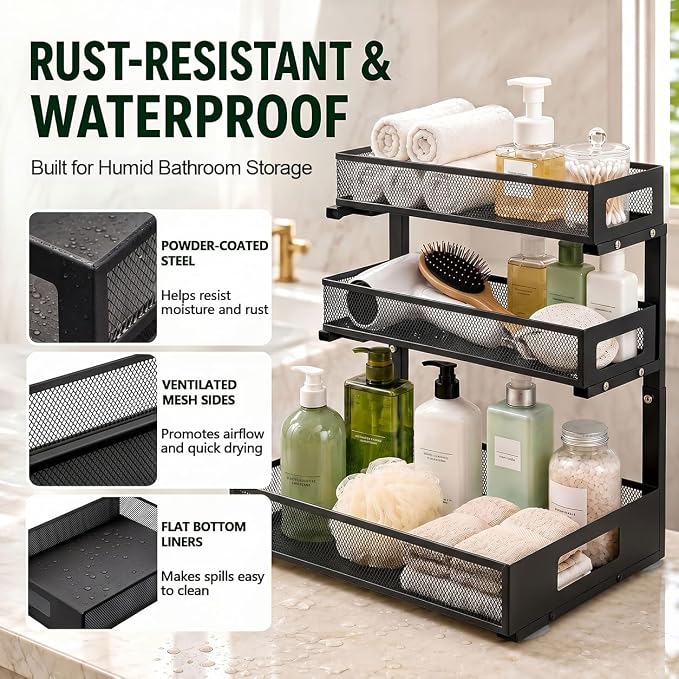 3 Tier Under Sink Organizer,2 Pack Pull Out Cabinet Shelves with Adjustable Height,Heavy Duty Carbon Steel L-Shaped Storage for Kitchen Bathroom Sink,Pantry & Laundry,Black - Image 6