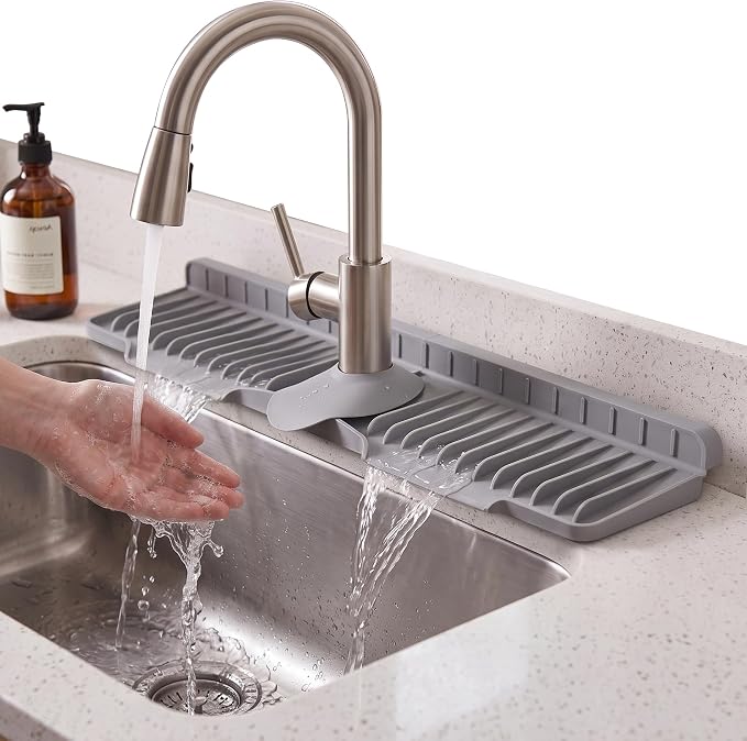 24" Longer Silicone Faucet Mat for Kitchen Sink Splash Guard | 8° Slope Fast Self-Draining, No-Cut Universal Fit Single Faucet Draining Mat, Countertop Protector Kitchen & Bathroom, Grey by romise