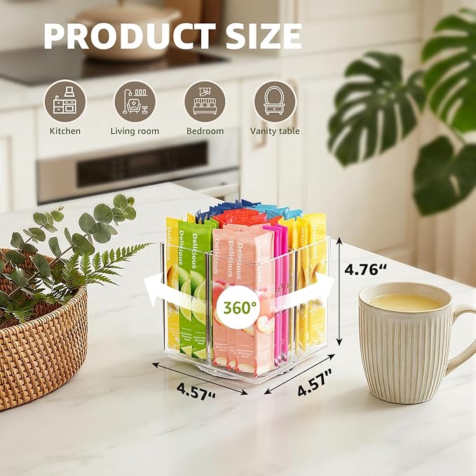 Drink Packet Organizer, Rotating Turntable Organizer with 4 Compartments | Clear Lazy Susan for Powdered Drink Mix, Water Flavor Packets, Coffee, Tea – Space-Saving Countertop Organizer - Image 2