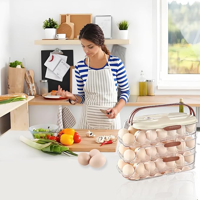 3-Tier Auto Rolling 42 Egg Holder for Fridge, Lid & Handle | Clear Stackable Refrigerator Organizer, 7-Degree Slope Dispenser, Timed Freshness, Detachable Height, Countertop Container - Image 2