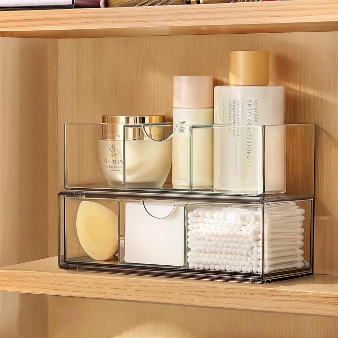 PAVSTINE Medicine Cabinet Organizer 2 Pack, Stackable Storage Drawers with Removable Divider, Make Up Organizer for Bathroom Mirror Cabinets, Vanity, Closet, Countertop - Clear by PAVSTINE