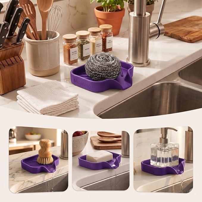 MicoYang Silicone Soap Dish with Drain Spout, Self-Draining Sink Organizer Tray for Bathroom and Kitchen, Sponges, Dispensers and Soap Holder, Non-Slip and Dishwasher Safe, Purple (Compact, 4.9"×3.2") - Image 3
