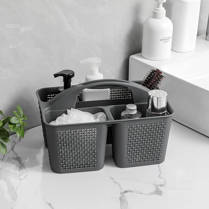 Plastic Portable Shower Caddy Basket with Handle, 3 Compartments, Dark Grey | Storage Organizer with Drain Holes, Sturdy and Durable For Bathroom, Kitchen, College Dorm, Sink, Camping - Image 2