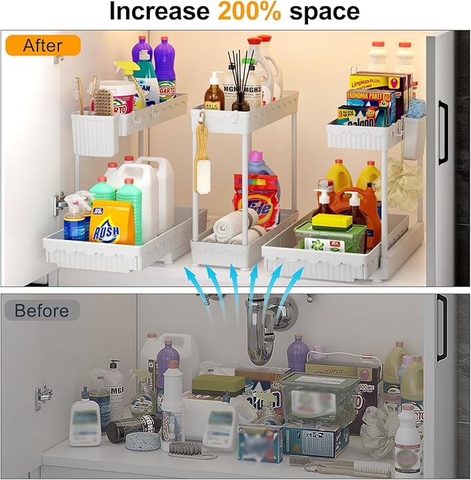 3-Pack 2-Tier L-Shaped Under Sink Organizers with Sliding Drawers | Multi-use kitchen & bathroom storage, 12.85 inch white cabinet organizer, space-saving sliding drawer design. - Image 2