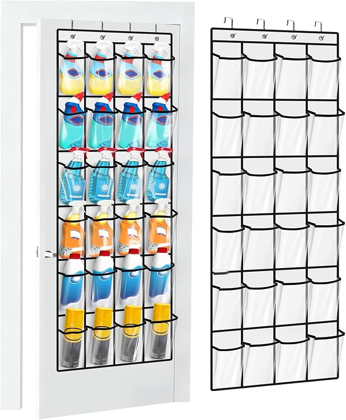 Clear Cleaning Supplies Organizer,Cleaning Products 24 Large Pockets | Over The Door All Purpose Cleaner Holder for Laundry Bathroom, Auto Glass Cleaner Organizer for Garage,Spray Bottle Holder by CollectHall