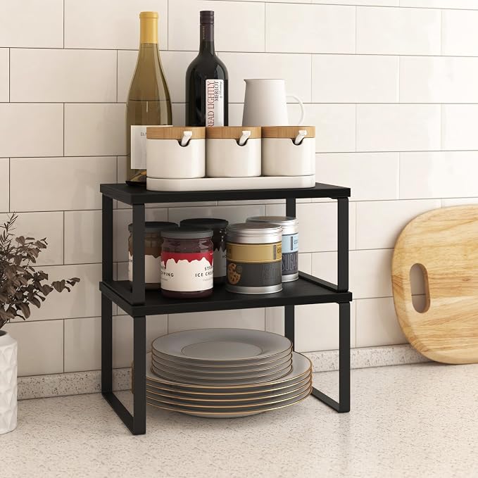 Kitchen Cabinet Organizer Shelf Set of 4, Sturdy Kitchen Counter Shelves with Metal Legs, Stackable Expandable Wood Spice Rack Pantry Cupboard Dish Mug Cup Storage Organizer Shelf, Black - Image 3