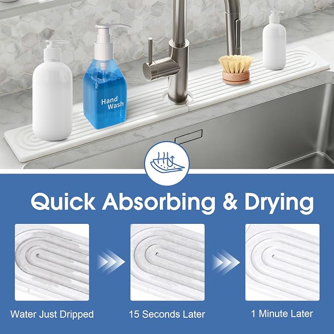 Faucet Mat for Kitchen Sink, Diatomite Drying Stone Mat Sink Protector, Faucet Splash Guard for Bathroom Counter for Bathroom, Laundry, Bar, White, 23.6" x 4" - Image 5