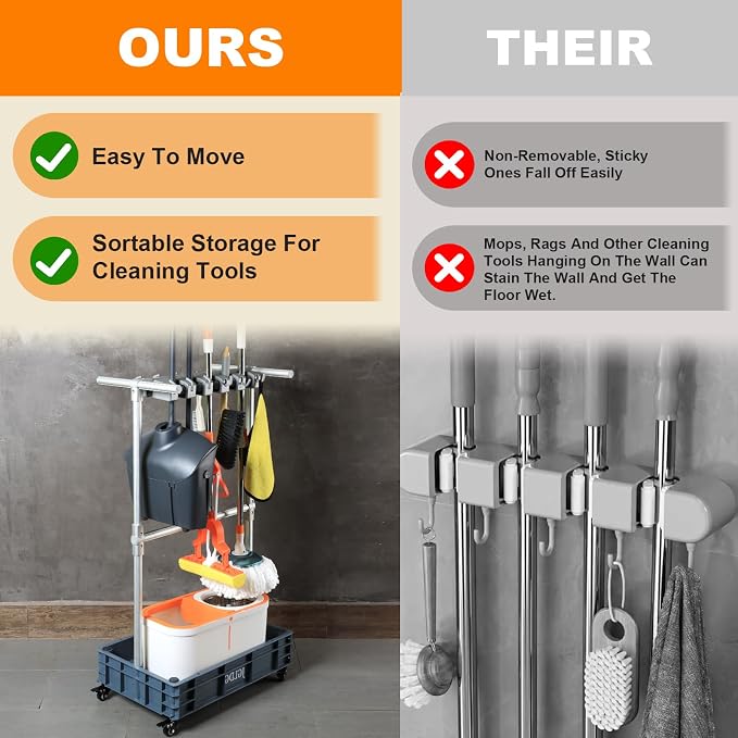 Mobile Mop and Broom Holder，Efficient Storage Solution for Cleaning Tools Keep Your Tools Handy and Organized - Image 5