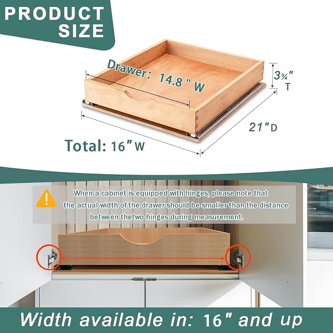 Pull Out Drawers for Kitchen Cabinets, Fully Assembled Wood Cabinet Pull Out Drawer, Pull Out Cabinet Organizer, Fast and Easy DIY Installation, 16”W x 21”D - Image 3