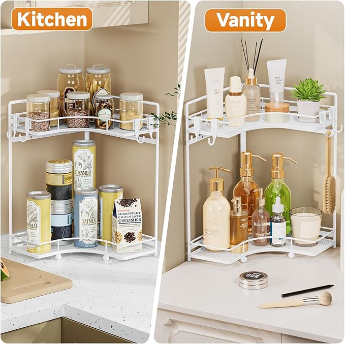 VITVITI 2-Tier Corner Bathroom Counter Organizer, Bathroom Countertop Organizer Storage for Sink, Metal Mesh Makeup Organizer for Vanity Countertop Kitchen with Hooks,White - Image 5