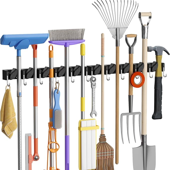 Lifewit Mop and Broom Holder Organzier Wall Mount Non-Slip, 2 Pack, Black | Easy Install One Handed Push Cleaning Tool Hanger with 6 Hooks 5 Slots, Heavy Duty Hanging Utility Rack for Garden, Garage by Lifewit