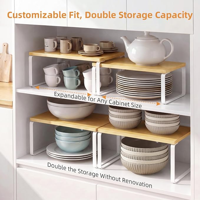 LAMU Cabinet Organizer Shelf, Set of 4 Expandable Kitchen Counter Shelve Plate Organizer for Cabiner, Stackable Spice Rack, CupBoard Organizers and Storage, Wood - Image 2