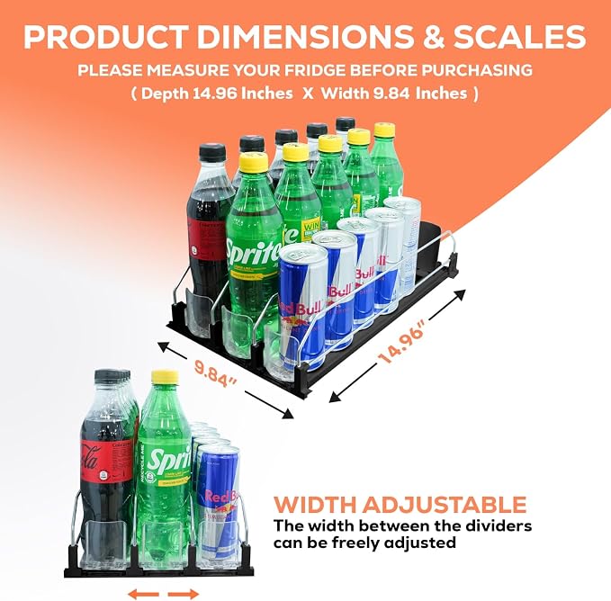 Drink Fridge Organizer, Upgraded Design of Soda Organizer for Refrigerator with Larger Stopper Height. Width Adjustable Automatic Drink Dispenser with Lock Hold 15 Cans (3 Rows, Black) - Image 2