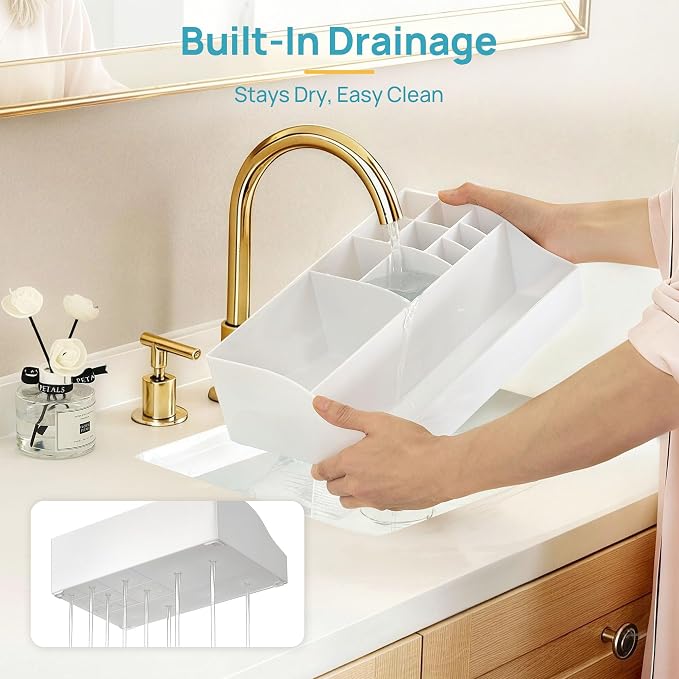 Vtopmart 5 PCS Bathroom Countertop Organizer Sets, White | 1 Divided Tray with 4 Qtip Holder Jars, For Toothbrush, Cotton Pads Balls, Floss, For Bathroom Countertop - Image 7
