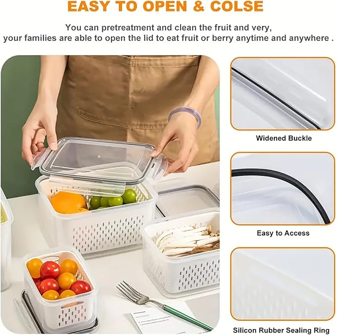 3pcs 4 in 1 Fruit Storage Containers for Fridge with Removable Colanders | Airtight, stackable, keeps food fresh. Dishwasher safe. Berry, vegetable, produce basket, strainer, refrigerator keeper - Image 5