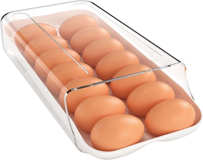 theaoo Egg Holder for Fridge, Automatic Rolling Egg Container, White, 1Pack | Quick Removable Inner Tray For Easy Egg Loading. Stackable Egg Dispenser For Refrigerator Storage And Organization by theaoo