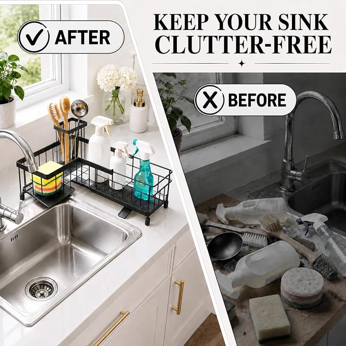 Extendable Corner Sink Sponge Holder, Quick-Drain Caddy for Kitchen Sink, Black - Image 2