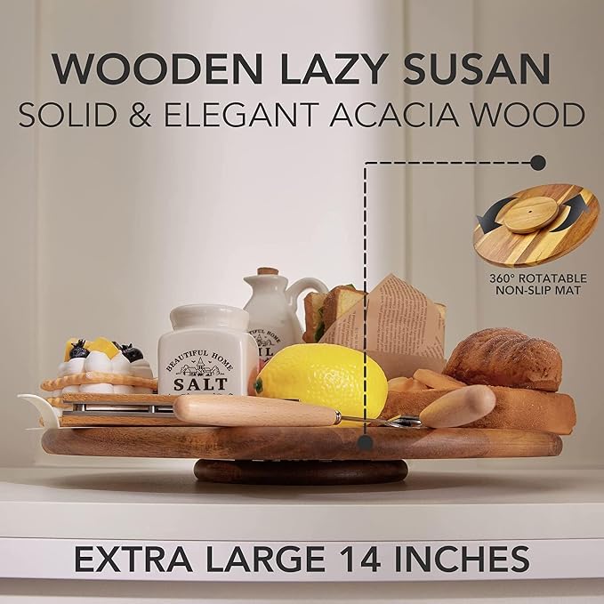 Acacia Wood Lazy Susan Wood Turntable Tray Cabinet Organizer, 16" - Image 4