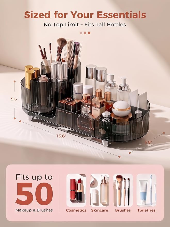 Booklov Rotating Makeup Organizer for Vanity Countertop, Smoke | Clear Acrylic Cosmetic Display Case, Large Beauty Brush Holder for Bathroom Counter, Skincare Lipsticks Storage - Image 2