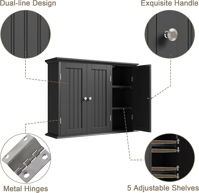 ChooChoo Laundry Cabinet with 3 Doors and Adjustable Shelves | 9.06"D x 31.1"W x 24"H, Bathroom Wall Cabinet, Cupboard, Black - Image 6