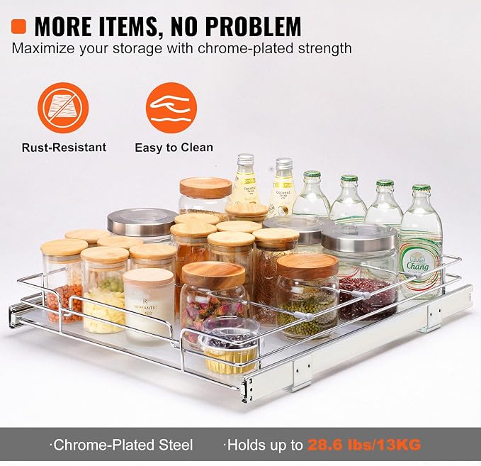 VEVOR 18.5"Wx21"Dx3.5"H Pull Out Cabinet Organizer, Heavy Duty Slide Out Pantry Shelves, Chrome-Plated Steel Roll Out Drawer, Drawer Storage for Home Under Sink, 20"Wx22"Dx7"H Install Size for Cabinet - Image 4