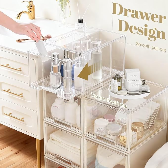 AZ.MIFENO Large Stackable Storage Drawers,Clear Thickened Drawer Organizers with Pull-Out Drawer for Skincare,Cosmetics, Ideal for Closet,Bathroom,Kitchen Undersink,Cabinet,Toy Organization (2 Packs) - Image 2