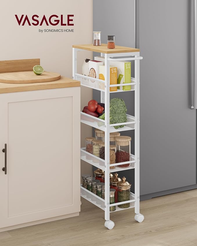 VASAGLE Slim Rolling Cart, 5-Tier Storage Cart, Narrow Cart with Handle, 8.7 Inches Deep, Metal Frame, for Kitchen, Dining Room, Living Room, Home Office, Oak Beige and Classic White ULRC035W09 - Image 2