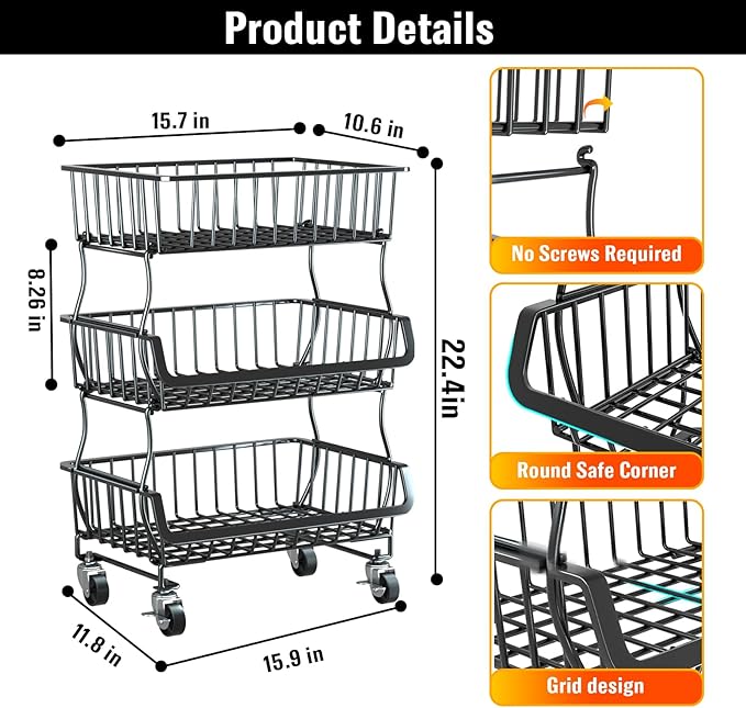 Gsiekare 3-Tier Rolling Pantry Organizer and Storage Cart with Wheels | Stackable wire pantry baskets for pantry shelves, fruit basket stand, easy to move, storage rack for food snack onion potato - Image 2