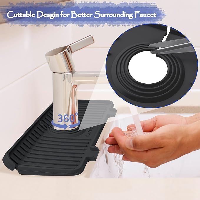 Amerner Kitchen Sink Splash Guard, 10° Large Slope & Adaptable Hole Faucet Mat for Kitchen Sink, Silicone Sink Organizer Sponge Holder for Kitchen, Bathroom, RV, Bar, 14.2” x 5.1”, Black - Image 4