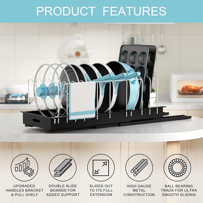 Pots and Pans Organizer Under Cabinet, 22" Deep Expandable, 2 Pack | Pot Organizers inside Cabinet with 10 Adjustable Dividers & Handrail, No Drill Pot Lid Holder, Sliding Pot Lid Holder - Image 4