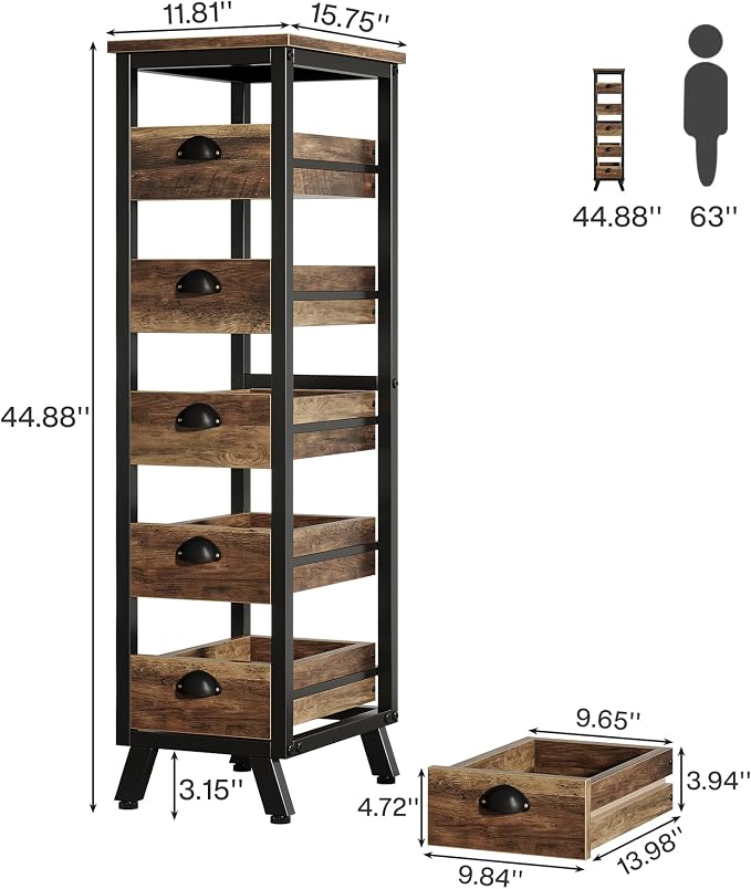 Tribesigns 5-Tier Narrow Kitchen Stand Fruit and Vegetable Storage Rack | Wood Corner Snack Stand Kitchen Stand Fruit Basket, Pull-Out Utility Organizer for Kitchen, Living Room, Rustic Brown - Image 2