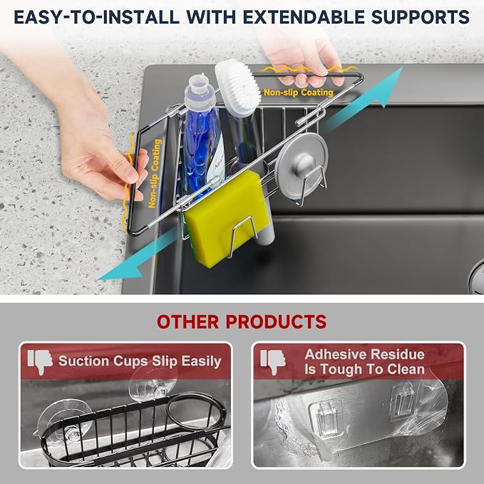 NiHome Sponge Holder for Kitchen Sink, Adjustable Corner Caddy, Silver | Rustproof 304 Stainless Steel Storage with Extendable Arms and Open Drainage for Rapid Drying of Brushes and Soap Bars - Image 3