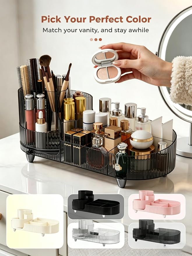 Booklov Rotating Makeup Organizer for Vanity Countertop, Smoke | Clear Acrylic Cosmetic Display Case, Large Beauty Brush Holder for Bathroom Counter, Skincare Lipsticks Storage - Image 9