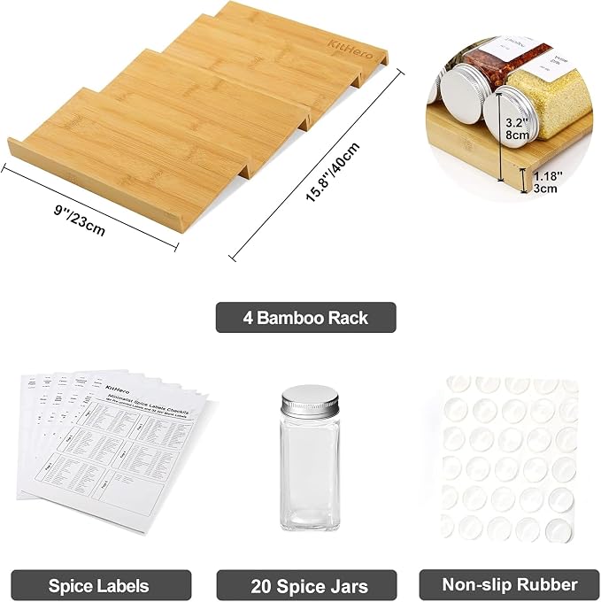 Spice Drawer Organizer with 20 Spice Jars,216 Labels,50 Non-slip Rubber, Bamboo 4 Tier Seasoning Rack Tray Insert for Kitchen Drawers,Cabinets,Countertop,9" Wide x 15.8" Deep - Image 3