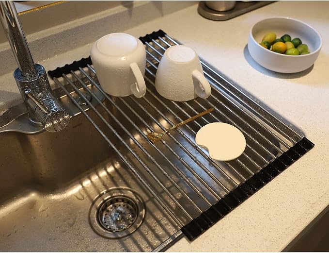 Roll up Dish Drying Rack Over The Sink Portable Stainless Still Rolling Rack Folding Mat for Kitchen Counter (Black, 17.7''LX11.8''W) by SHUYUE