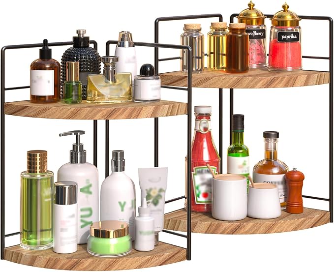 2 Pack Bathroom Counter Organizer, 2 Tier Corner Bathroom Counter Organizer Wooden Double Vanity Organizers for for Double Sink Organizers and Kitchen Storage Dresser Decoration by BSTSLL
