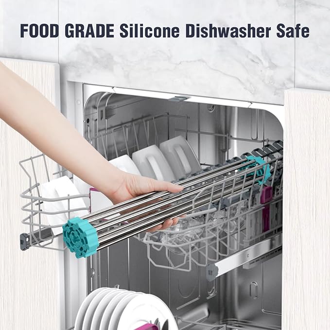 Tomorotec Roll Up Dish Drying Rack Over Sink, 304 Steel, 21x15.5, Green | Anti-Slip Silicone Rims For Grip, Heat-Resistant Trivet Mat Holding Heavy Cookware, Rustproof Kitchen Counter Space Saver - Image 7