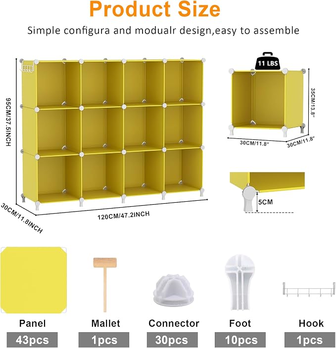 AWTATOS Cube Storage Organizer Closet Organizers 12 Cube Storage Shelves | Protable Closet for Kids DIY Stackable Cube Shelves Bookshelf Clothes Organizer for Bedroom, Home, Yellow - Image 3