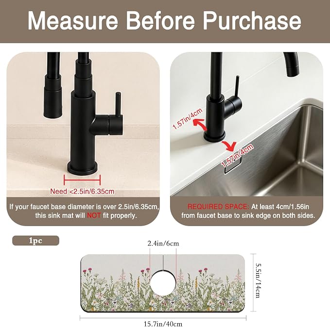 Faucet Mat for Kitchen Sink Watercolor Floral Herbs Sink Splash Guard Behind Faucet Soft Diatom Mud Material Non-slip Easy to Clean for Bathroom & Kitchen 15"X5.5" - Image 2