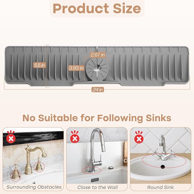 24 Inch Faucet Mat for Kitchen Sink, Kitchen Sink Splash Guard | Sink Protector, Upgrade, Silicone, 10°Slope Fast Self-draining, Snap Lock Fit for Kitchen and Bathroom Countertop - Image 2