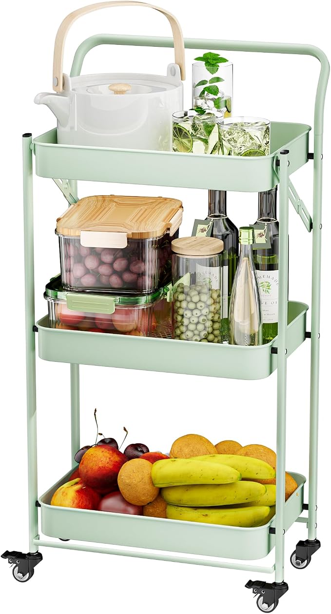 JAQ Foldable Rolling Cart, 3-Tier Metal Folding Storage Utility Carts Basket Rack Organizer with Handle on Wheels for Snacks Books Fruits for Kitchen Living Room Pantry Bathroom - (Green, 3-Layer) - Image 3